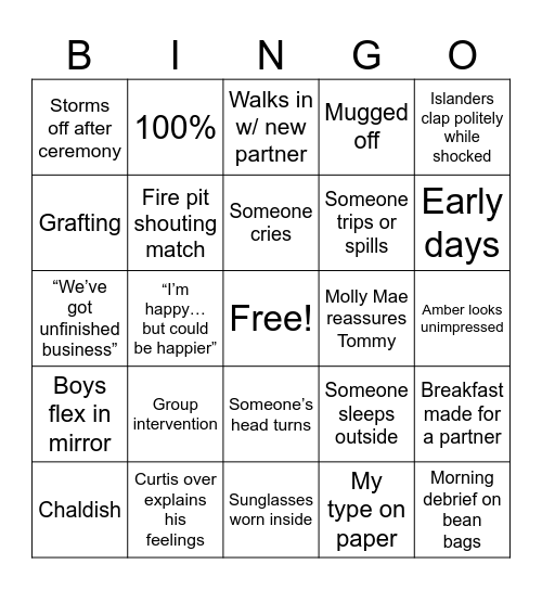 Love Island Bingo Card