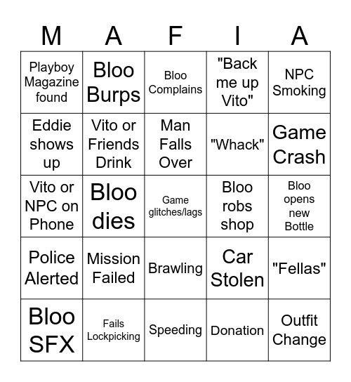 Mafia 2 Bloo Stream Bingo Card