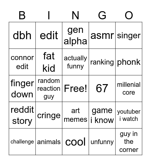 youtube short bingp Bingo Card