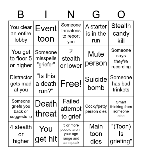 Dandys world Griefing Bingo Card