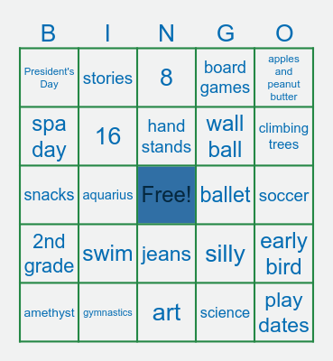 Juniper's 8th Birthday Bingo Card