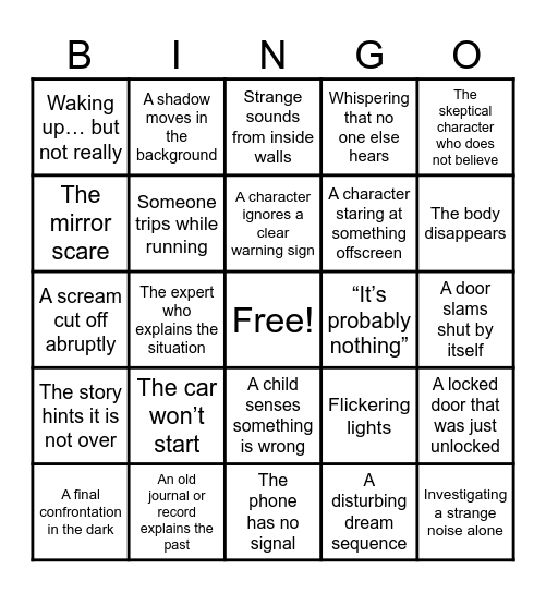 Horror Movie Bingo Card