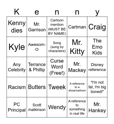 South Park Bingo Card