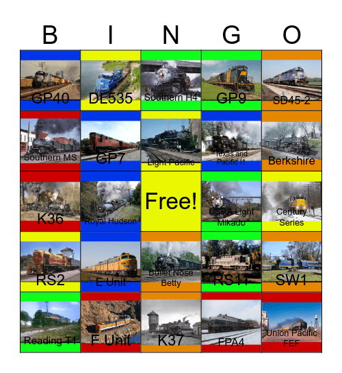 Union Pacific, GTW, Reading, Canadian National, Southern, Rio Grande and other Railroads in the 60's and 70's that I would like to take photos with Carmen one day Bingo Card