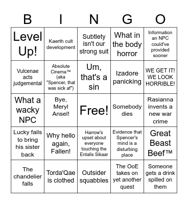 Rachel's Bongo Bingo Card