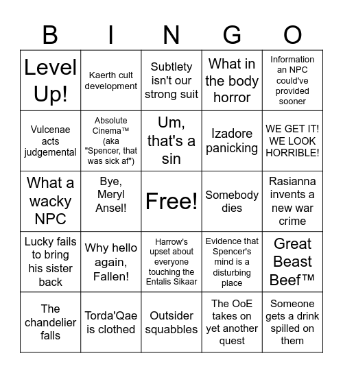 Rachel's Bongo Bingo Card
