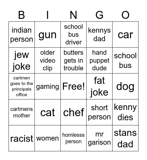south park blackout Bingo Card