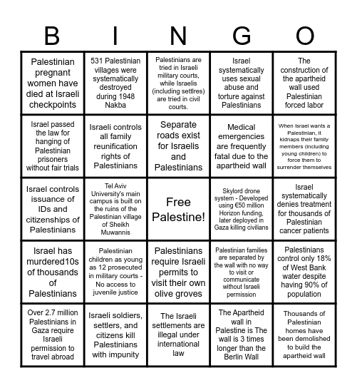 Apartheid Bingo Card