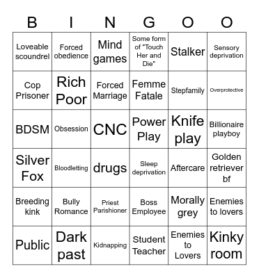 Dark Romance drinky drink Bingo Card