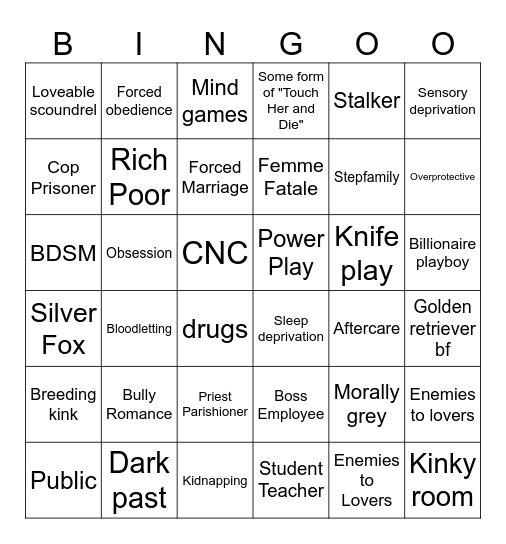 Dark Romance drinky drink Bingo Card