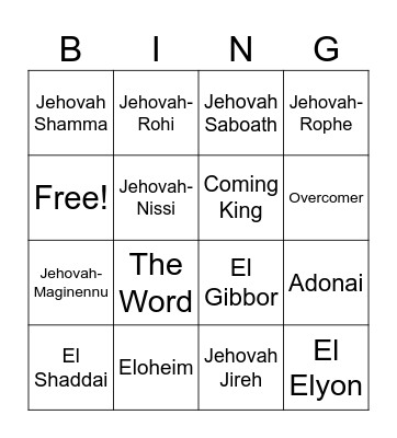 The Names of God Bingo Card