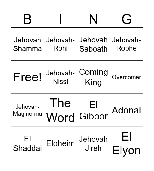 The Names of God Bingo Card