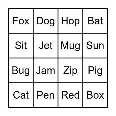 CVC Word Bingo Card