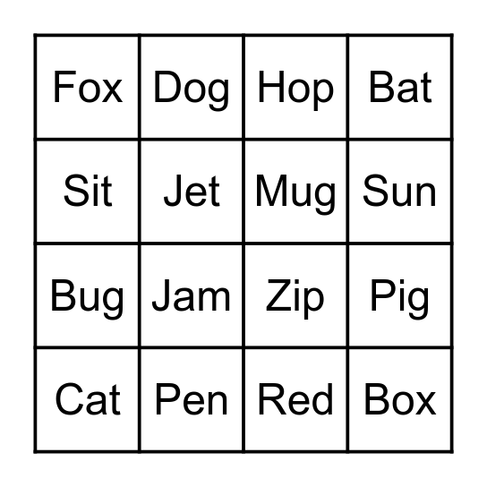 CVC Word Bingo Card