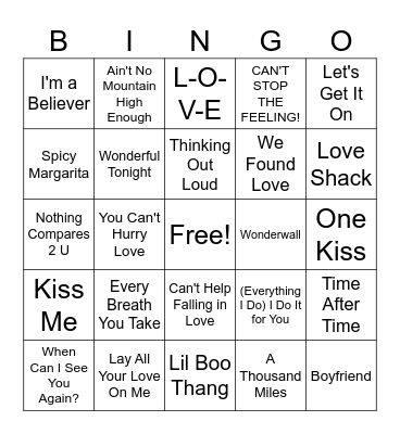 50MB Love Songs Round 1 Bingo Card