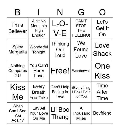 50MB Love Songs Round 1 Bingo Card
