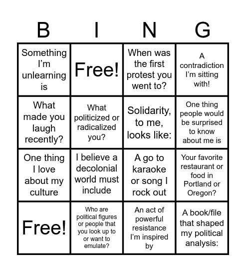 VB social Bingo Card