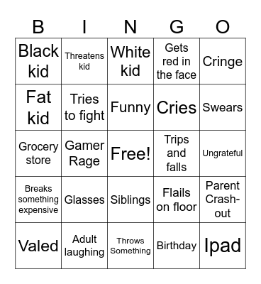 Kids Crash-out Bingo Card