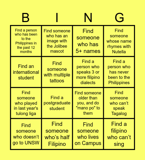 Filipino Get to know me BINGO! Bingo Card