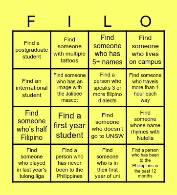 Filipino "Get to know me" BINGO! Bingo Card