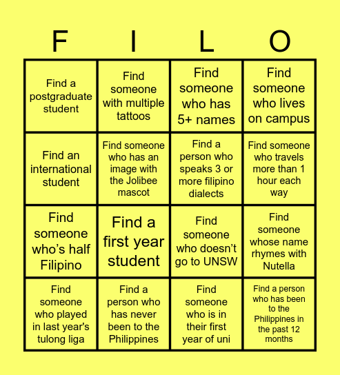 Filipino "Get to know me" BINGO! Bingo Card