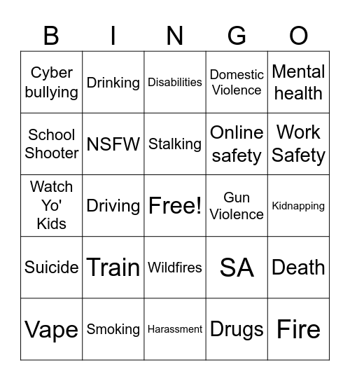 PSA Bingo Card