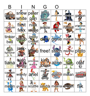 'disney characters' bingo Card