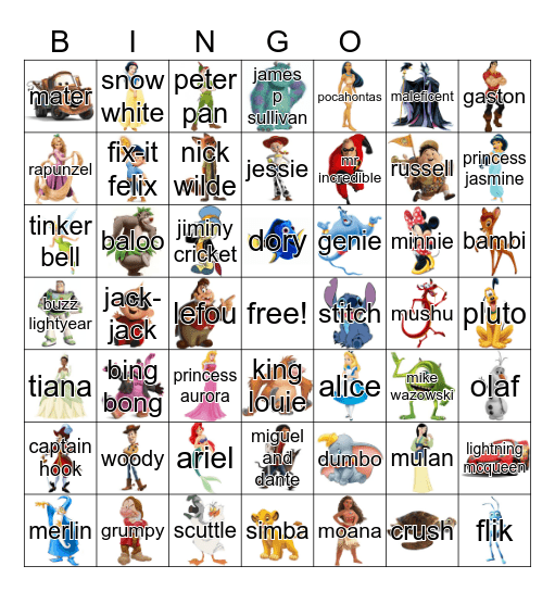 'disney characters' bingo Card