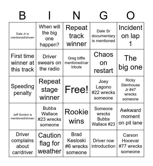Nascar Daytona 500 2026 Bingo Card