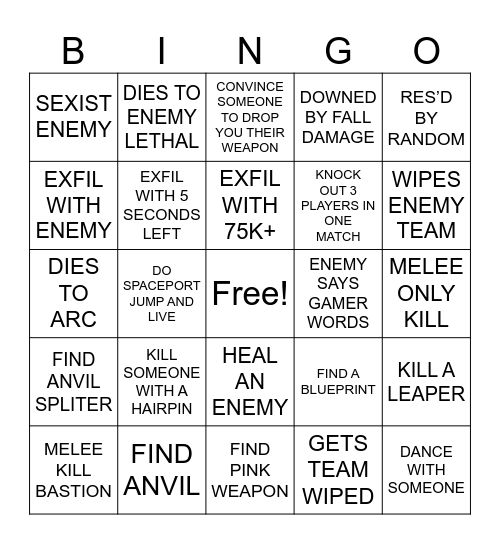 Arc Raiders Bingo Card