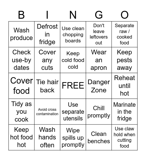 Food Safety Bingo Card
