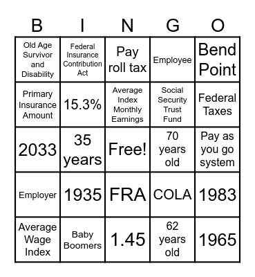 Social Security Bingo Card