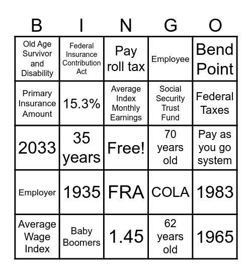Social Security Bingo Card