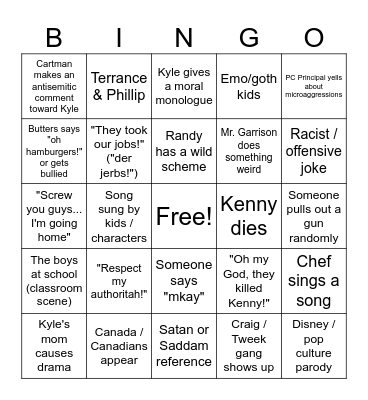 South park Bingo Card