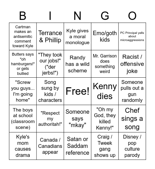 South park Bingo Card