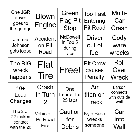 Daytona 500 Bingo Card