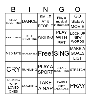 Mental Health Coping Skills Bingo Card