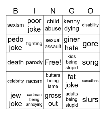 South Park Bingo Card