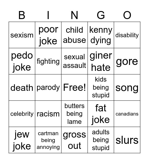 South Park Bingo Card