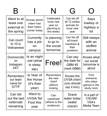 VSA Spring GBM #2 Bingo Card