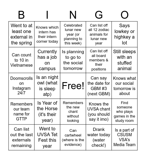 VSA Spring GBM #2 Bingo Card