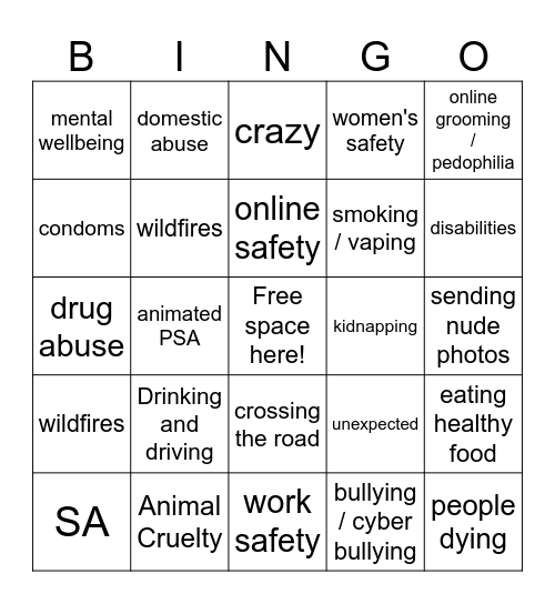 PSA Bingo Card