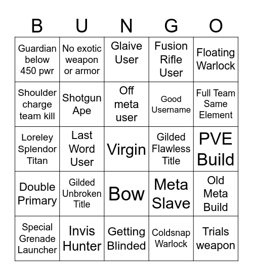Trials of Osiris Bingo Card