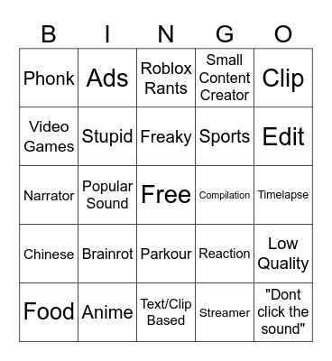 Yt Shorts Bingo Card