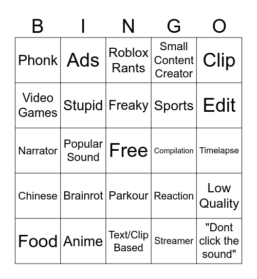 Yt Shorts Bingo Card
