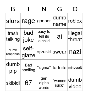 Stupid Gen Alpha Kids Bingo Card