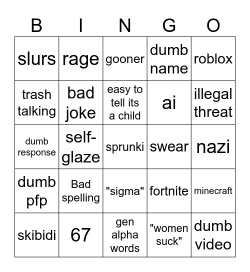 Stupid Gen Alpha Kids Bingo Card