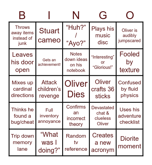 About Oliver Minecraft Bingo Card