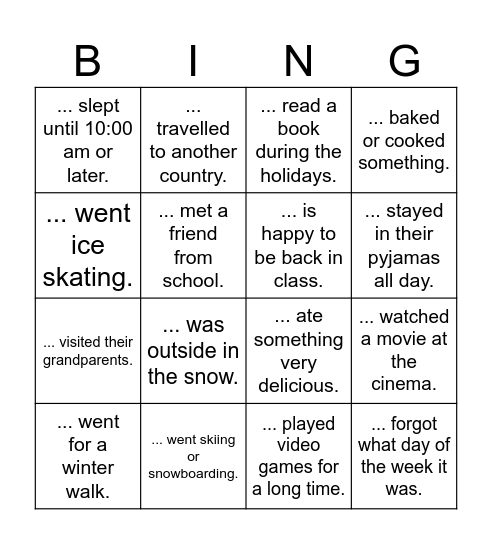 Hliday Bingo (Find someone who...) Bingo Card
