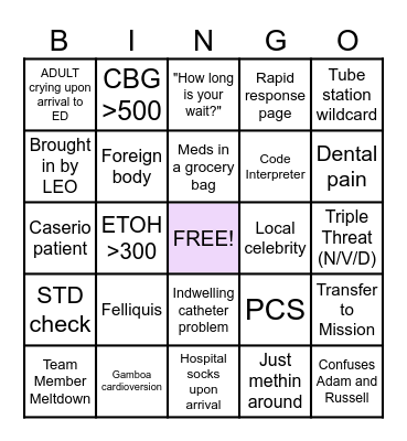Sunday Funday ED Bingo Card